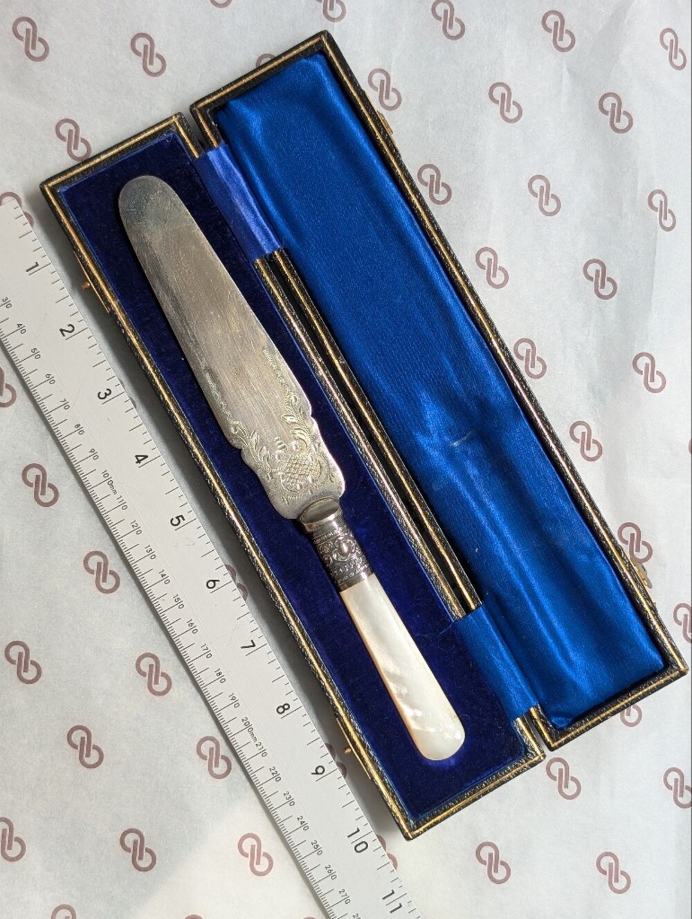 Mother of Pearl Handle Butter Knife Cake Knife Antique With Box Silver Plate